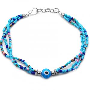 Handmade seed bead multi strand anklet with evil eye bead centerpiece in light blue, turquoise, blue, pink, mint, gold, white, and black color combination.