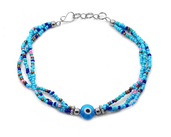 Handmade seed bead multi strand anklet with evil eye bead centerpiece in light blue, turquoise, blue, pink, mint, gold, white, and black color combination.