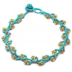 Handmade Czech glass seed bead floral vine anklet with beaded flowers in turquoise mint and gold color combination.