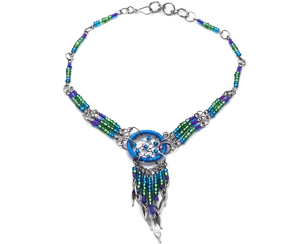 Handmade seed bead silver metal chain anklet with round beaded thread dream catcher and long beaded metal dangles in turquoise blue, green, and purple color combination.