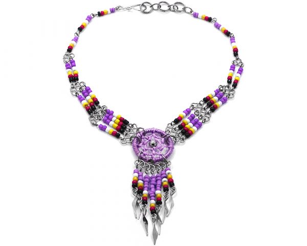 Handmade Native American inspired seed bead silver metal chain anklet with round thread dream catcher and long beaded metal dangles in lavender purple, white, yellow, dark pink, and black color combination.