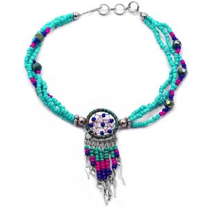 Handmade seed bead and crystal bead multi strand anklet with round beaded sparkle thread dream catcher and long beaded metal dangles in mint green, hot pink, and blue color combination.