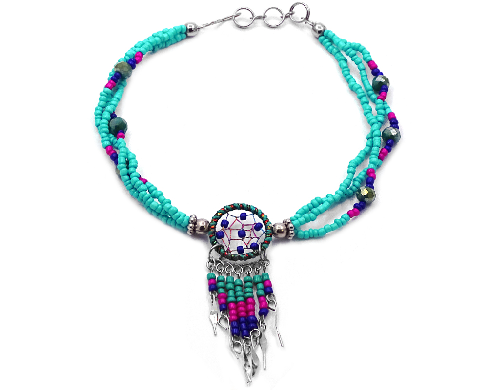 AK-030201540537 Handmade seed bead and crystal bead multi strand anklet with round beaded sparkle thread dream catcher and long beaded metal dangles in mint green, hot pink, and blue color combination.