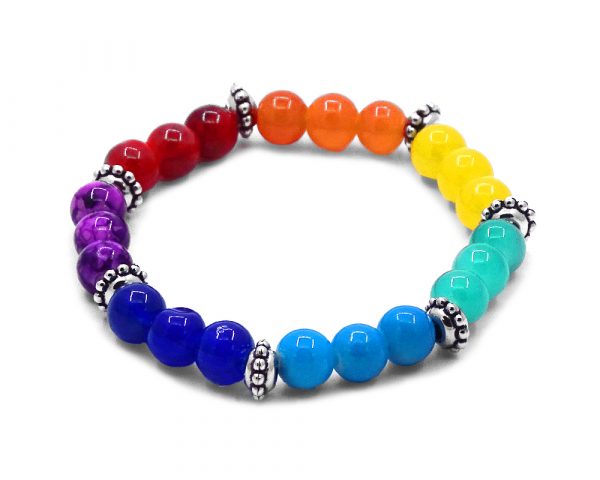 Gemstone crystal ball bead stretchy bracelet in Chakra themed rainbow colors.