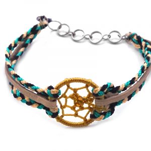 Handmade vegan suede leather and multicolored braided macramé thread multi strand bracelet with round thread dream catcher centerpiece in golden yellow, beige, black, and teal color combination.