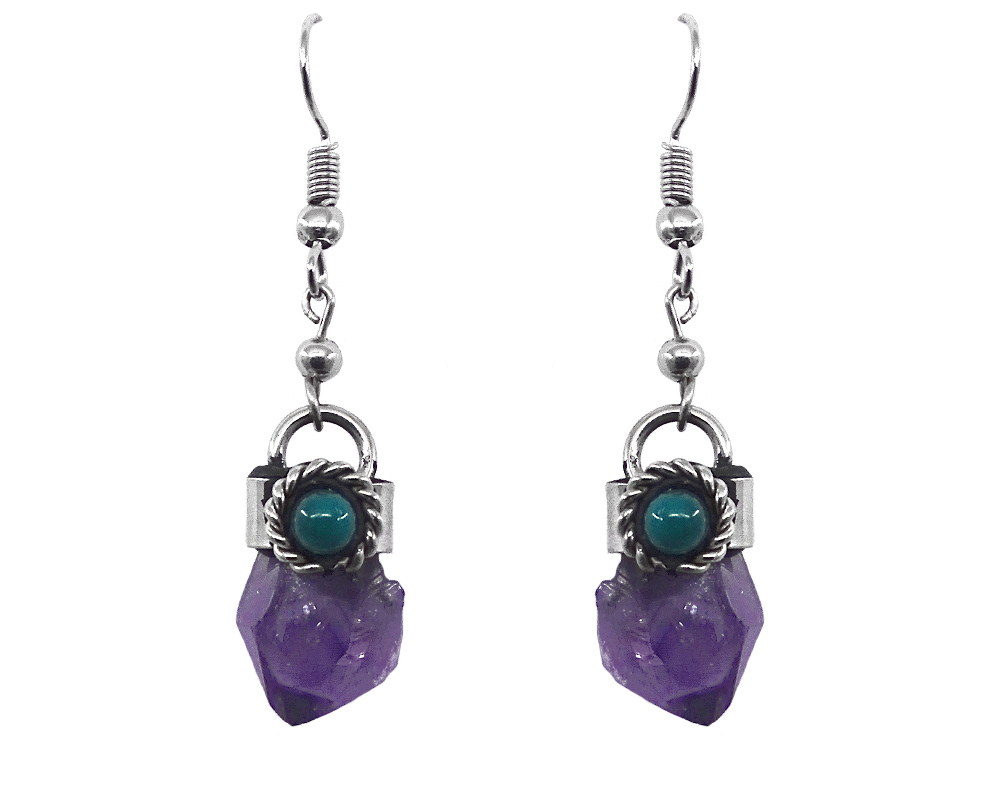 Handmade rough-cut raw stone dangle earrings with silver metal border and teal green bead in purple amethyst.