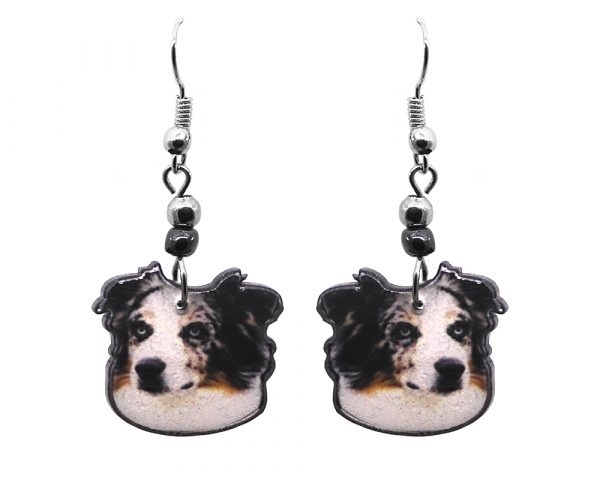 Australian Shepherd dog face acrylic dangle earrings with beaded metal hooks in white, brown, gray, and black color combination.