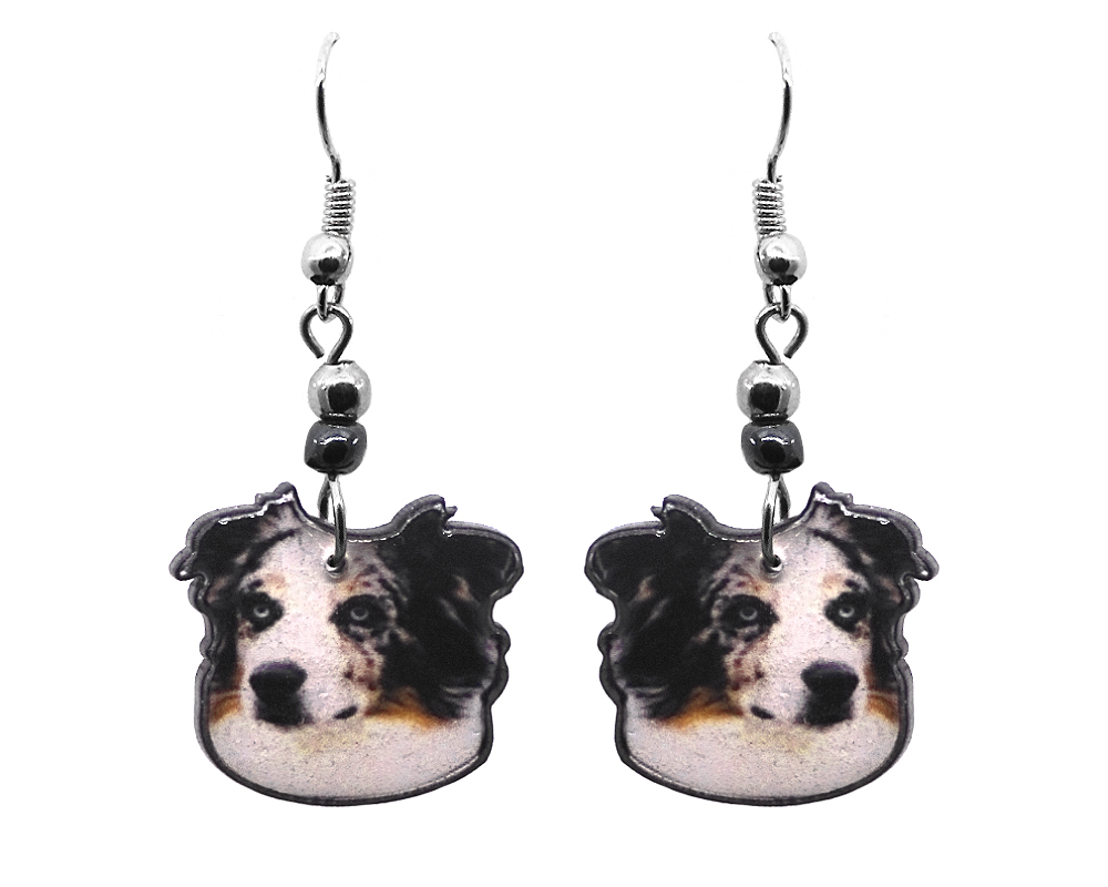 EA-041401000908 Australian Shepherd dog face acrylic dangle earrings with beaded metal hooks in white, brown, gray, and black color combination.