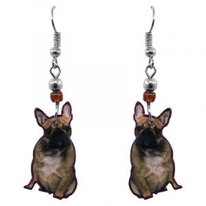 French Bulldog dog dangle earrings with beaded metal hooks in brown, beige, white, and black color combination.