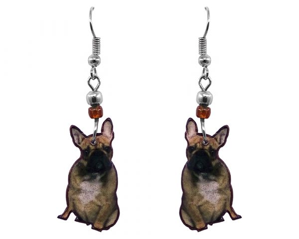 French Bulldog dog dangle earrings with beaded metal hooks in brown, beige, white, and black color combination.