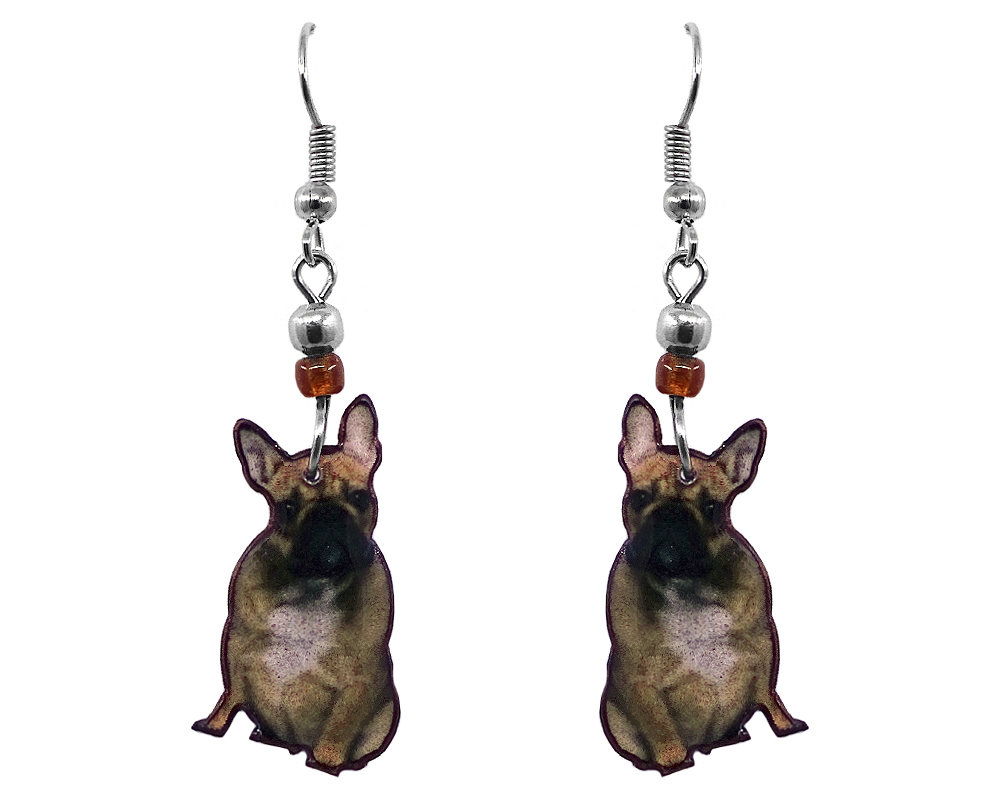 French Bulldog dog dangle earrings with beaded metal hooks in brown, beige, white, and black color combination.