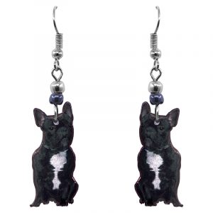 French Bulldog dog dangle earrings with beaded metal hooks in black and white color combination.