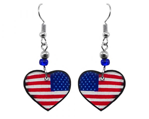 Heart-shaped American flag acrylic dangle earrings with beaded metal hooks in red, white, and blue color combination.