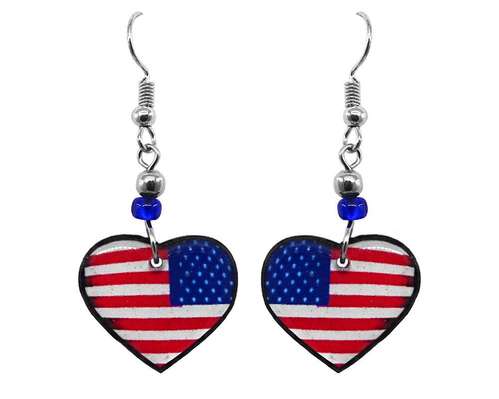Heart-shaped American flag acrylic dangle earrings with beaded metal hooks in red, white, and blue color combination.
