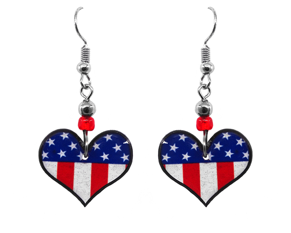 Heart-shaped American flag acrylic dangle earrings with beaded metal hooks in red, white, and blue color combination.