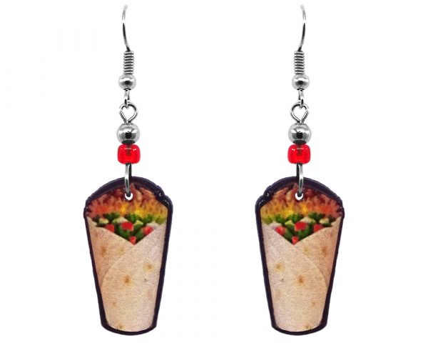 Burrito taco Mexican food acrylic dangle earrings with beaded metal hooks in golden yellow, red, and brown color combination.