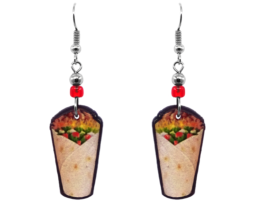 EA-047919383301 Burrito taco Mexican food acrylic dangle earrings with beaded metal hooks in golden yellow, red, and brown color combination.