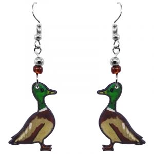 Mallard duck acrylic dangle earrings with beaded metal hooks in brown, beige, green and whte color combination.