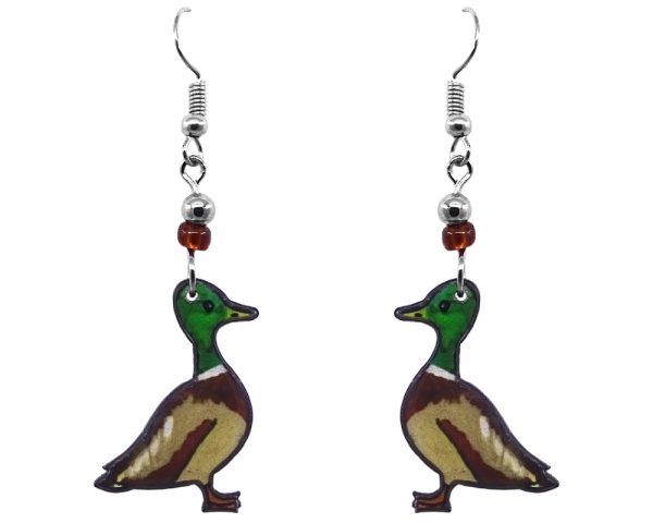 Mallard duck acrylic dangle earrings with beaded metal hooks in brown, beige, green and whte color combination.
