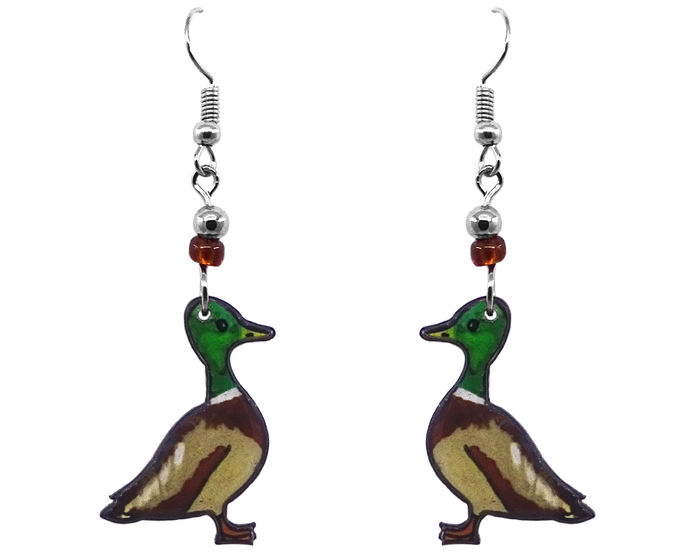 Mallard duck acrylic dangle earrings with beaded metal hooks in brown, beige, green and whte color combination.
