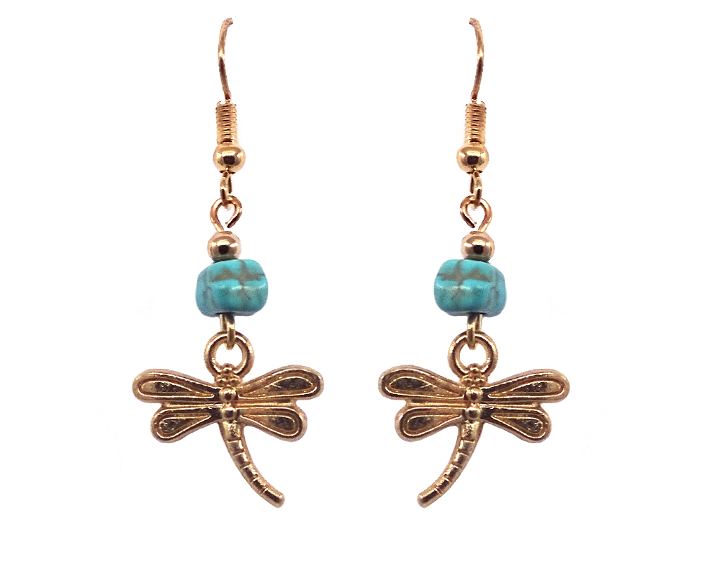 EA-140802333335 Handmade gold-colored dragonfly charm dangle earrings with turquoise howlite chip stone.
