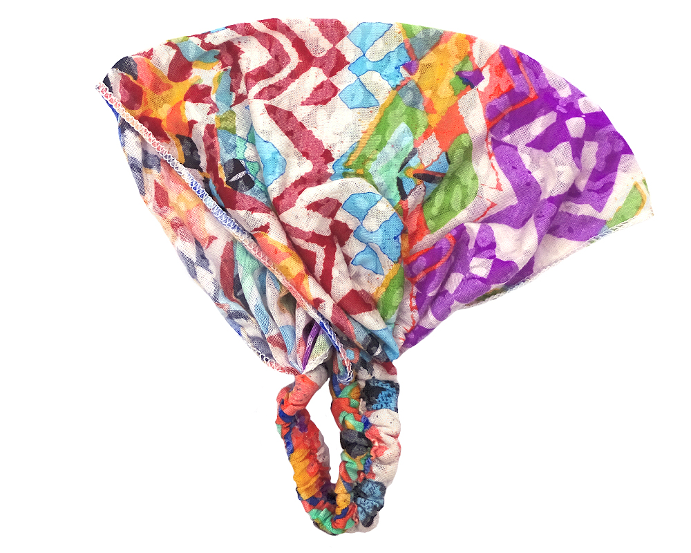 HA-040104009999 Handmade soft cotton hair wrap headband with Aztec inspired tribal print pattern design in white and multicolored color combination.