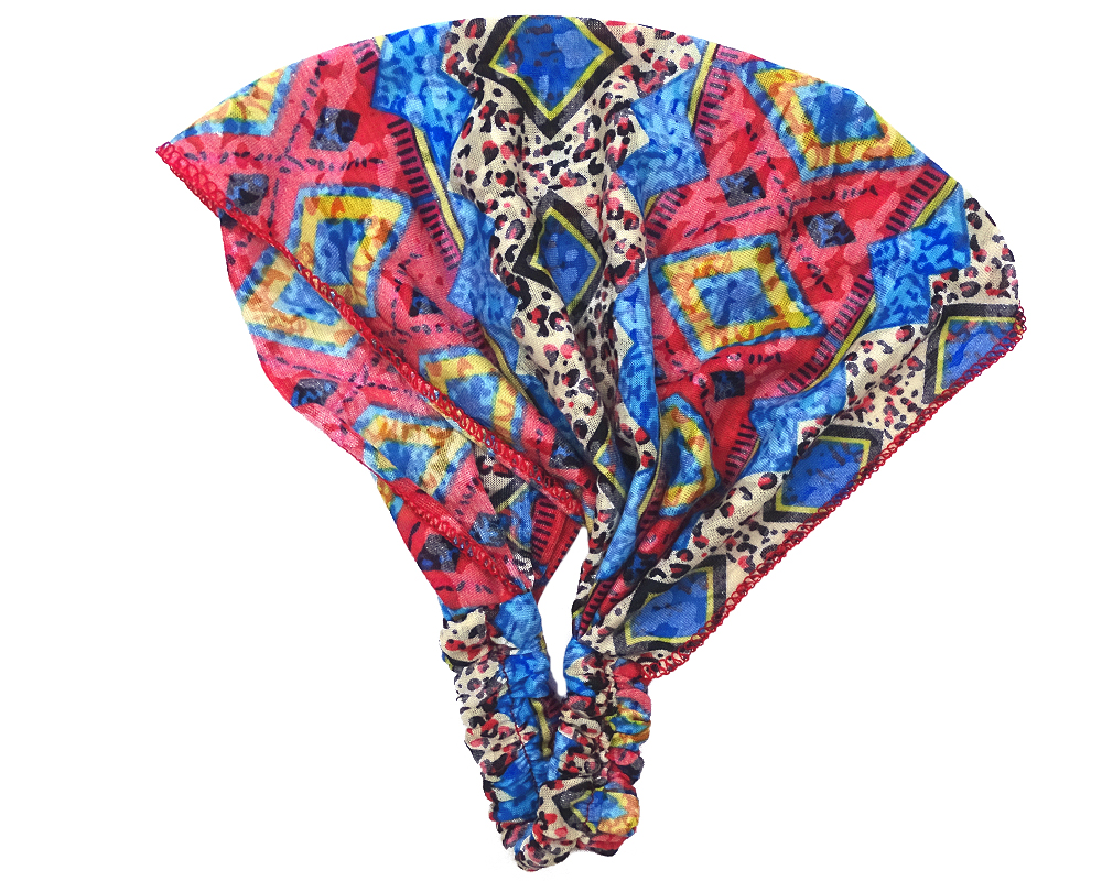 Handmade soft cotton hair wrap headband with cheetah tribal print pattern design in red, blue, beige, yellow, turquoise, and black color combination.