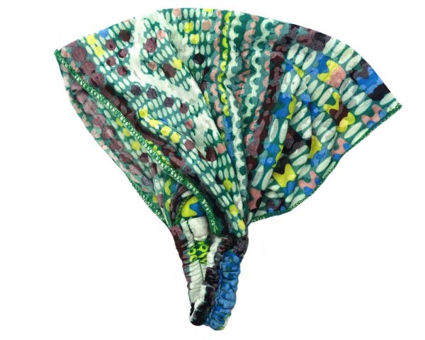 Handmade soft cotton hair wrap headband with abstract tribal print pattern design in teal green, mint, white, yellow, blue, and black color combination.