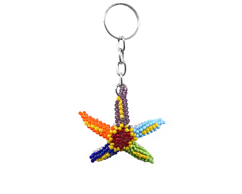 Handmade Czech glass seed bead figurine keychain of a starfish in multicolored color combination.