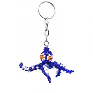 Handmade Czech glass seed bead figurine keychain of an octopus in blue white, and orange color combination.