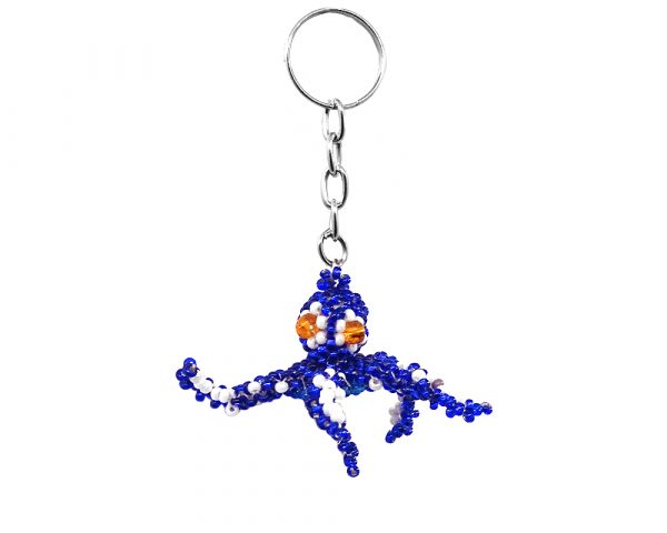 Handmade Czech glass seed bead figurine keychain of an octopus in blue white, and orange color combination.