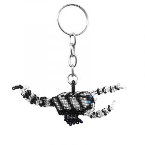 Handmade Czech glass seed bead figurine keychain of a scorpion in white silver and black color combination.