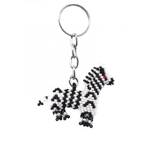 Handmade Czech glass seed bead figurine keychain of a zebra in black and white color combination.