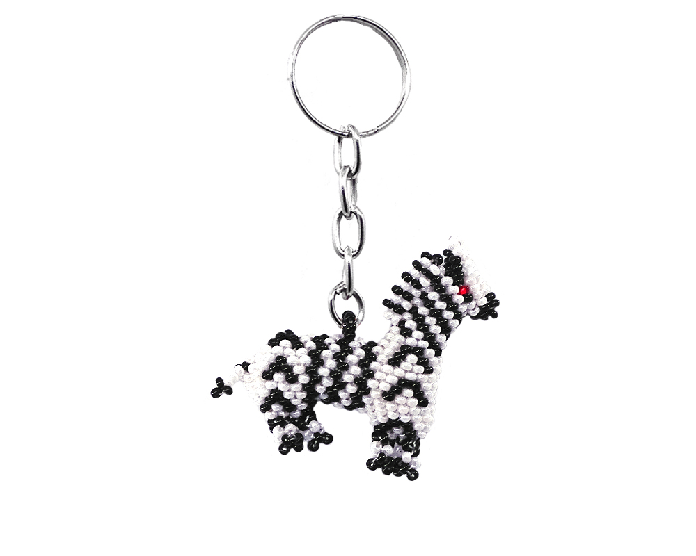 KC-030405000901 Handmade Czech glass seed bead figurine keychain of a zebra in black and white color combination.