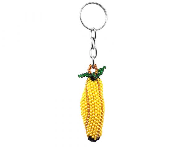 Handmade Czech glass seed bead figurine keychain of banana in yellow and green color combination.