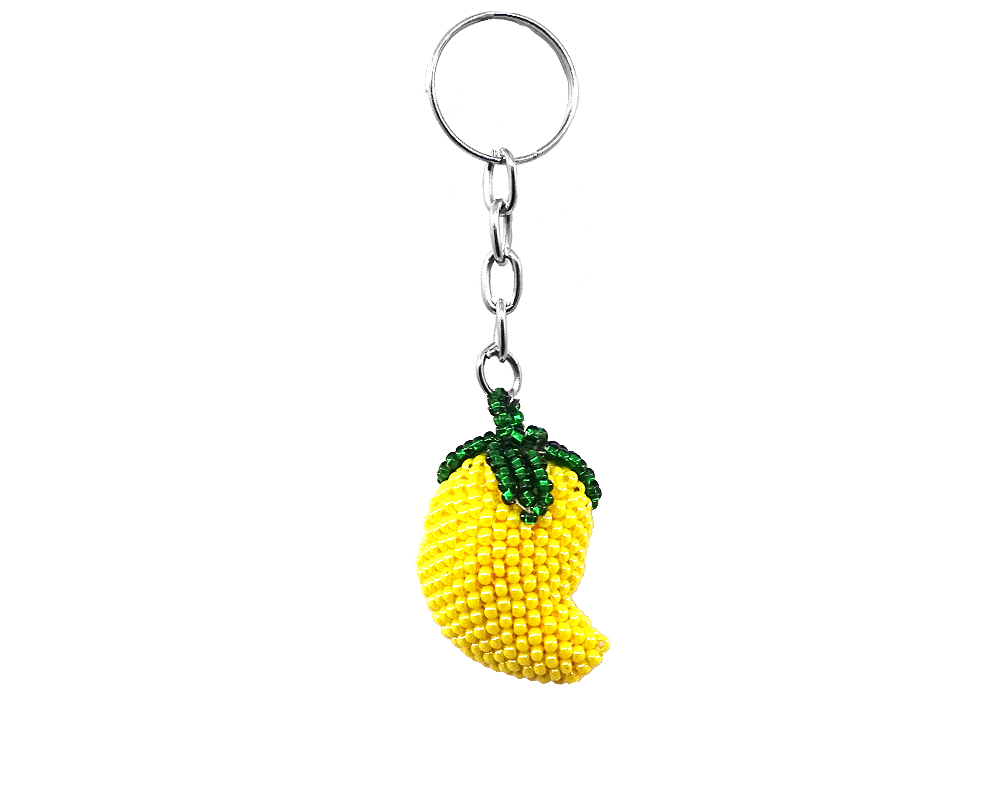 Handmade Czech glass seed bead figurine keychain of mango in yellow and green color combination.
