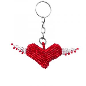 Handmade Czech glass seed bead figurine keychain of a heart with wings in red and white color combination.
