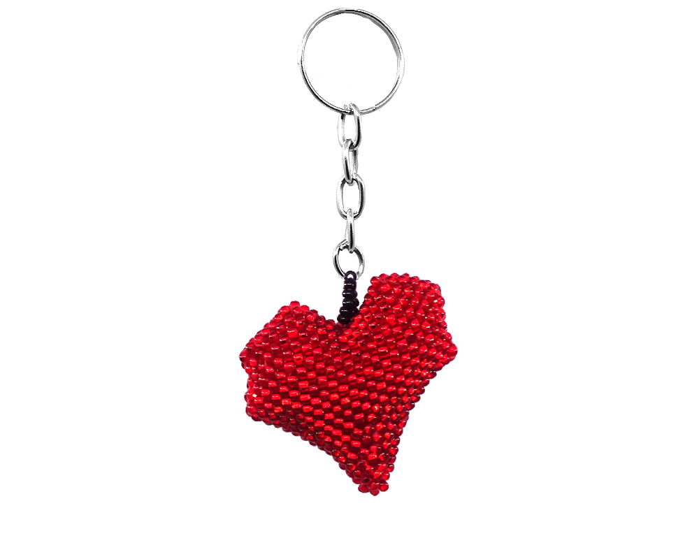 KC-030901010101 Handmade Czech glass seed bead figurine keychain of a heart in red color.