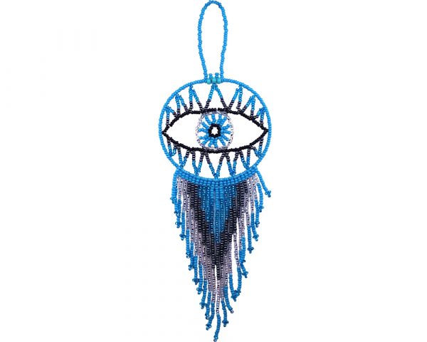 Handmade Czech glass seed bead evil eye hanging ornament with beaded dangles in light blue, turquoise, dark gray charcoal, silver, and black color combination.
