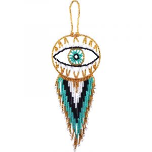 Handmade Czech glass seed bead evil eye hanging ornament with beaded dangles in gold, white, turquoise mint, and black color combination.