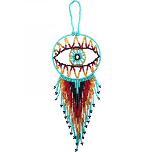 Handmade Czech glass seed bead evil eye hanging ornament with beaded dangles in turquoise mint, dark red, gold, and black color combination.