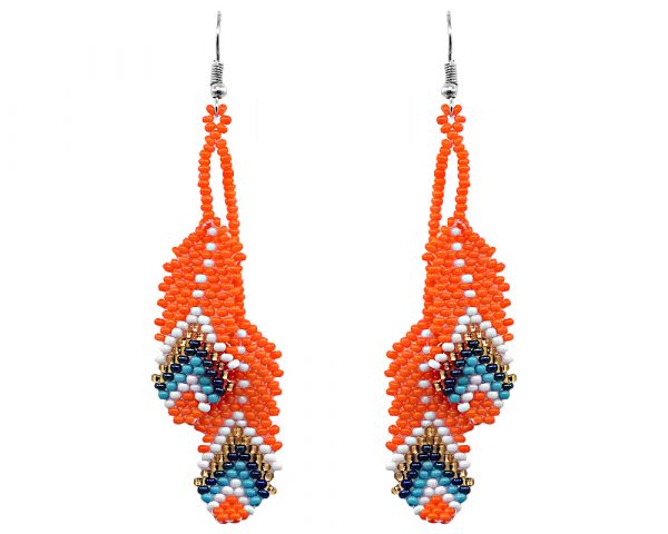 Handmade Native American inspired Czech glass seed bead earrings with two long beaded feather dangles in orange, white, gold, iridescent dark blue, and turquoise color combination.