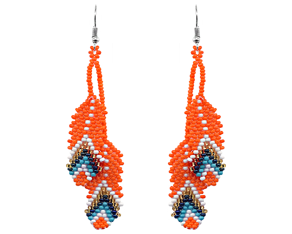 EA-030701020035 Handmade Native American inspired Czech glass seed bead earrings with two long beaded feather dangles in orange, white, gold, iridescent dark blue, and turquoise color combination.