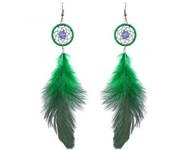 Handmade round beaded thread dream catcher earrings with daisy flower design and long natural dyed feather dangle in green, light blue turquoise, and light lilac color combination.