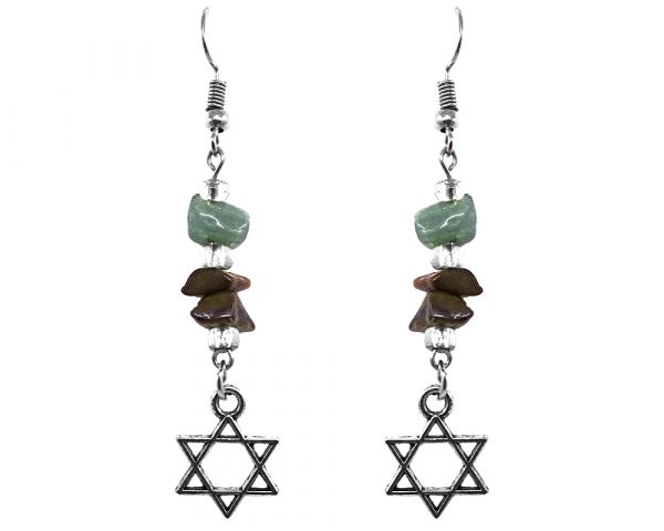 Handmade silver metal Star of David charm dangle earrings with chip stones in green aventurine, clear, and brown tiger's eye color combination.