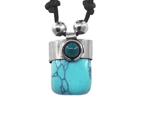 Handmade tumbled gemstone crystal pendant with silver metal and mini round teal bead on adjustable necklace in turquoise blue howlite.