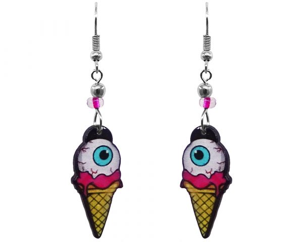 Eyeball on ice cream cone acrylic dangle earrings with beaded metal hooks in white, hot pink, yellow, turquoise blue, and black color combination.
