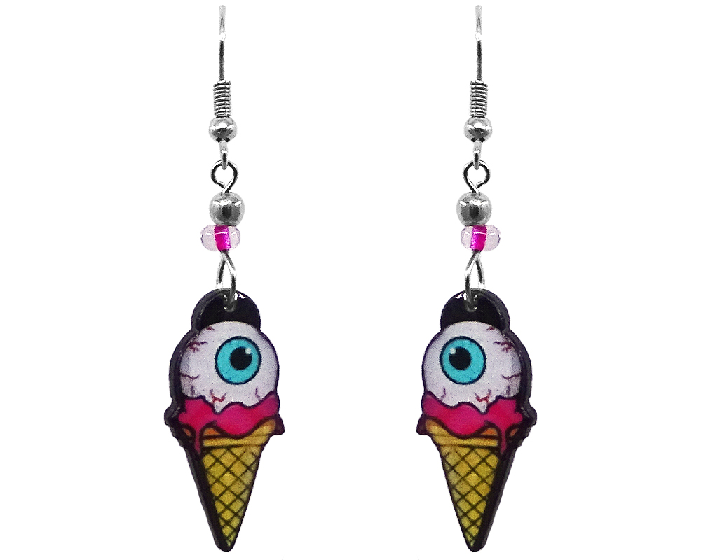 Eyeball on ice cream cone acrylic dangle earrings with beaded metal hooks in white, hot pink, yellow, turquoise blue, and black color combination.