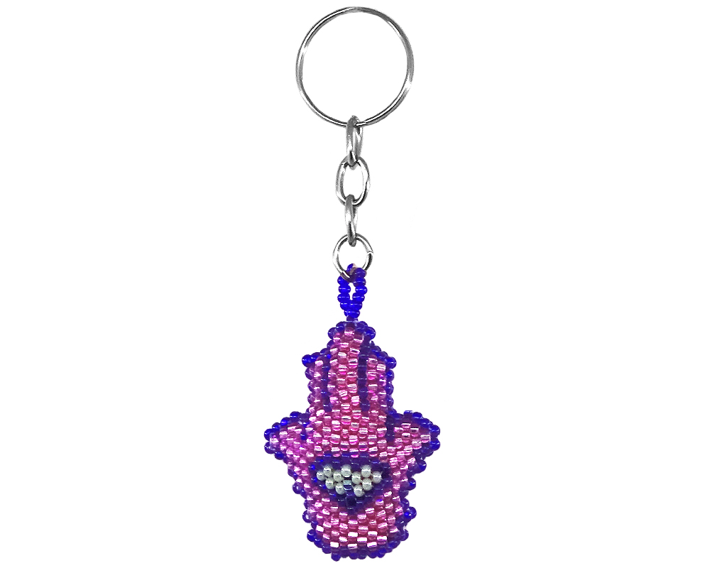 Handmade Czech glass seed bead figurine keychain of a hamsa hand in pink, blue, and mint green color combination.