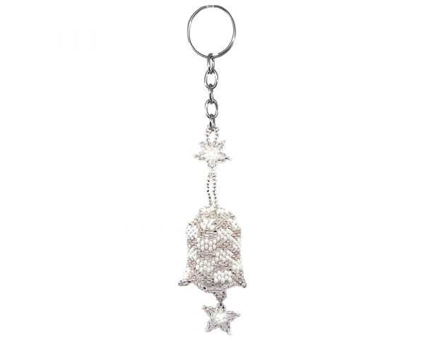 Handmade Czech glass seed bead figurine keychain of a bell with beaded star dangle in clear and white color combination.